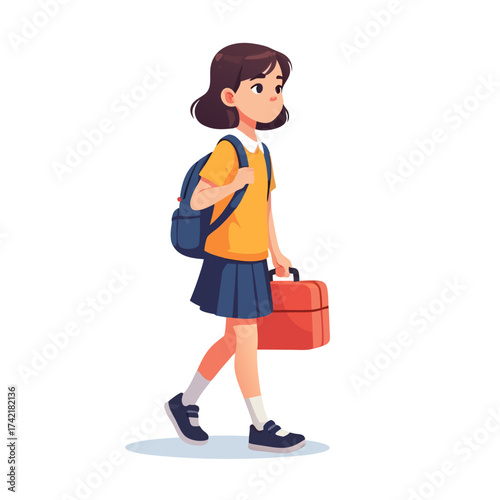 A young schoolgirl in a uniform walking with a blue backpack and a red lunchbox.