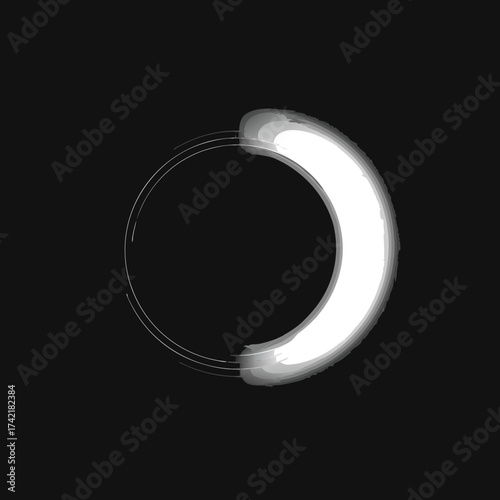 Abstract white brushstroke Enso circle with textured grey shading and delicate thin line.