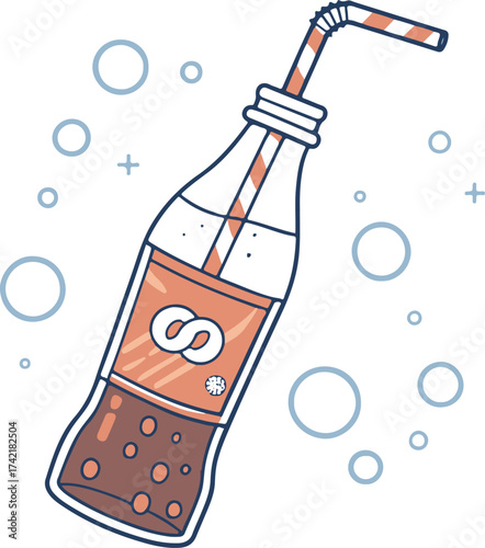 Refreshing Cola Bottle with Straw and Bubbles – Vector Soda Drink Illustration