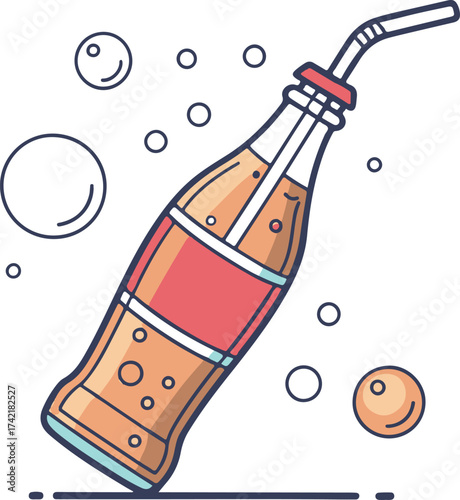 Fizzy Soda Bottle with Straw and Bubbles – Refreshing Cola Drink Vector Illustration