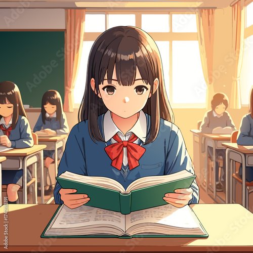 Anime schoolgirl in a blue uniform with a red bow featuring a vibrant magenta glitch effect while reading a book.
