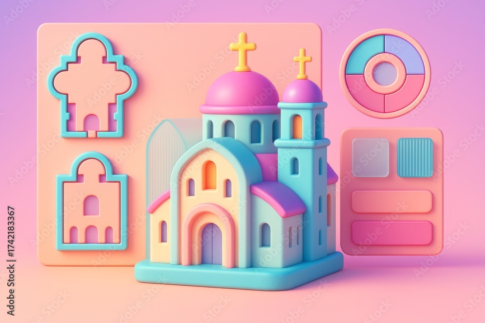 Fototapeta premium Colorful stylized church model with architectural elements and infographics on a soft pastel background representing cultural design concept. Ai generative