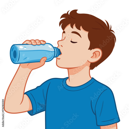 Cartoon boy drinking water from blue bottle eyes closed wearing blue tshirt side profile.