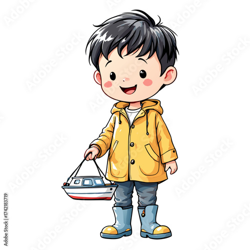 Cartoon Boy in Yellow Raincoat Holding Toy Boat Illustration.
