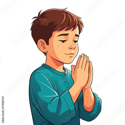 Cartoon Boy in Prayer with Brown Hair and Teal Shirt.