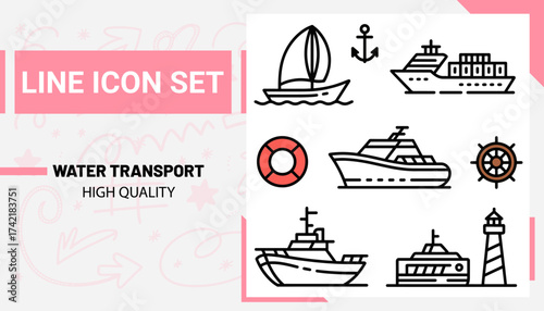 Qualityful Water Transport line icon set