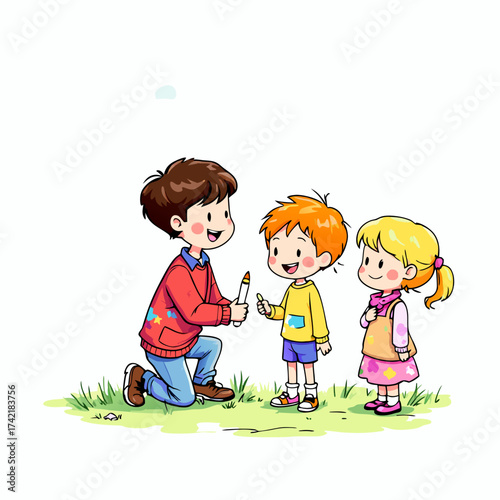 Cartoon Boy Kneeling and Offering Crayon to Another Boy Girl Standing Nearby.