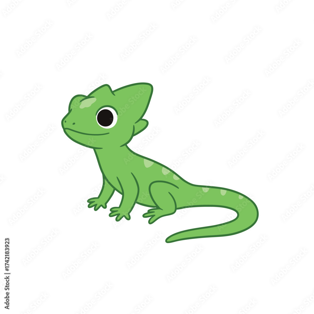 Naklejka premium Cute green cartoon chameleon lizard smiling happily.