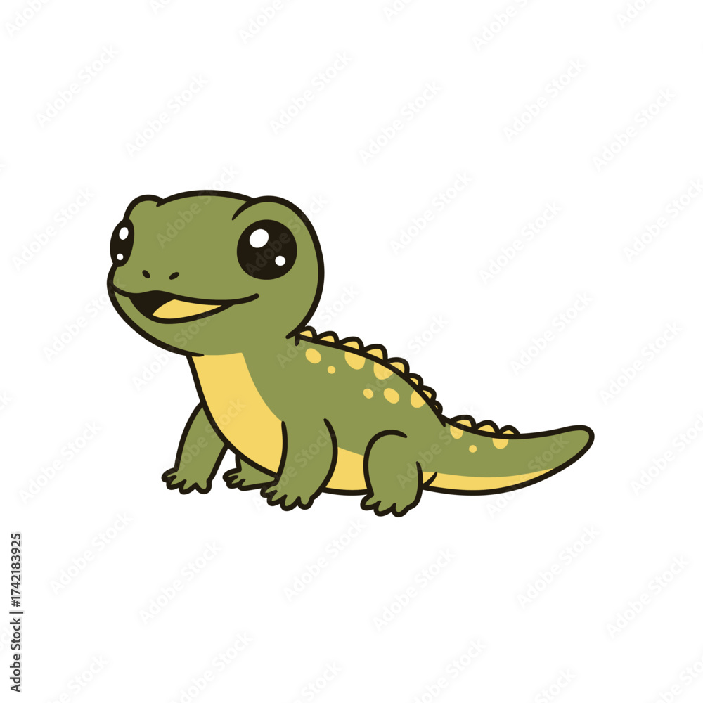 Obraz premium Cute green cartoon lizard with big eyes smiling happily.