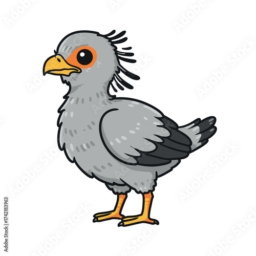 Cute little secretary bird cartoon character posing.