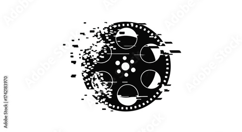 Creative film reel disintegrating into digital fragments, symbolizing media transformation