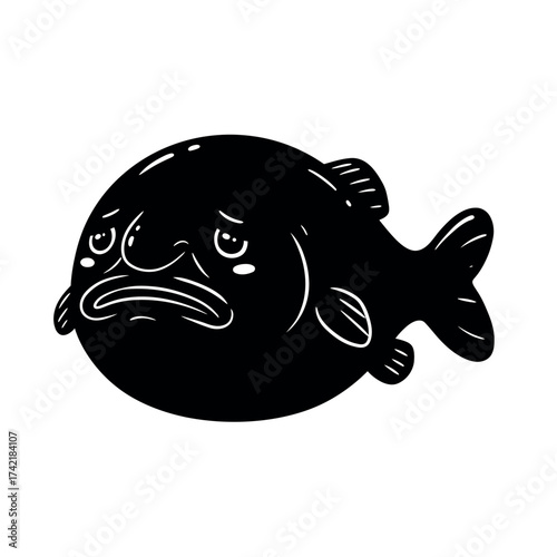 Sad fish illustration with a melancholic expression in black and white.