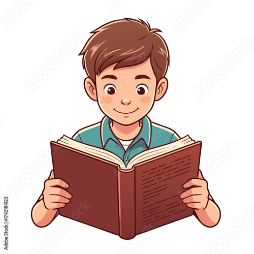 Cartoon Boy Reading a Book with Brown Cover and White Pages.