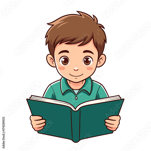 Cartoon Boy Reading a Book with Brown Hair and Green Shirt.