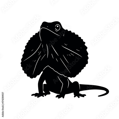 Silhouette of a frilled neck lizard in striking black and white.