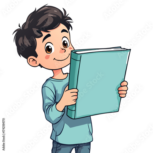 Cartoon Boy Reading a Large Teal Book with Brown Eyes.