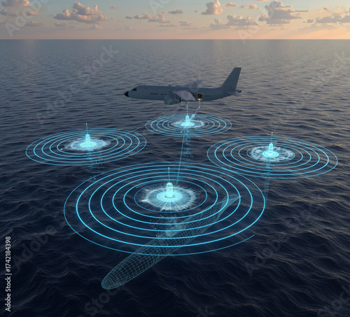 military aircraft flying low over ocean, deploying acoustic sonobuoys that create glowing, concentric sonar rings on water's surface, tracking holographic wireframe submarine beneath the waves