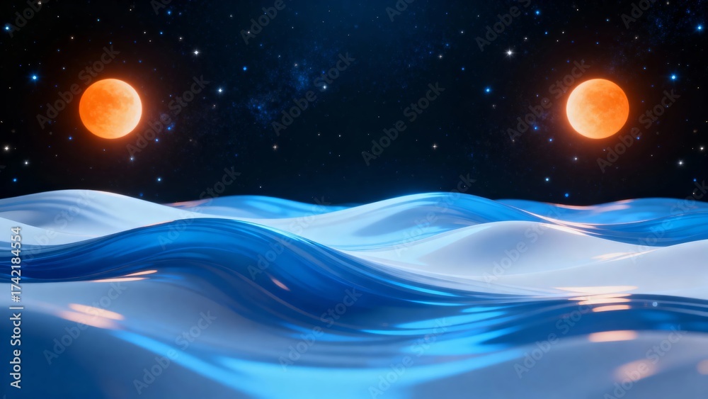 Obraz premium A surreal cosmic seascape featuring two glowing orange celestial bodies above undulating blue and white waves under a starry night sky.