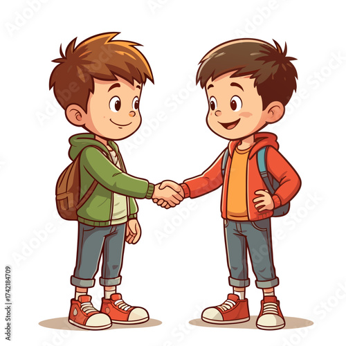 Cartoon Boys Shaking Hands Wearing Backpacks Friendship Illustration.