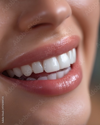 Close-Up of Perfectly White Teeth and Fresh Smile with Glossy Lips