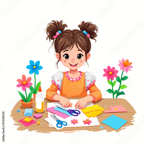 Cartoon Girl Crafting Flowers with Paper Scissors and Glue on Wooden Table.