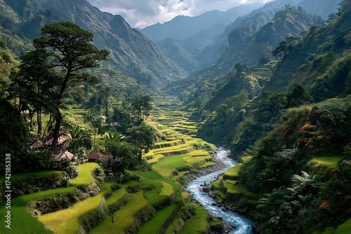 Banaue Rice Terraces offer a stunning view of the Philippines landscape, a vibrant and tranquil escape into nature's beauty along a flowing river