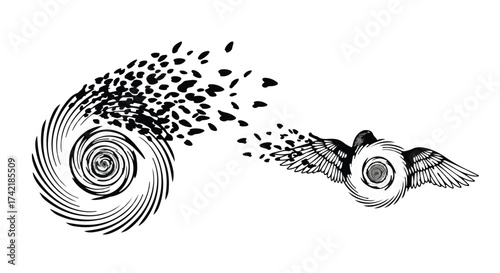 Abstract swirling vortex disperses into a winged eye, symbolizing transformation and vision