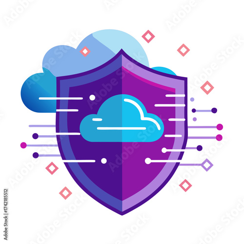 Digital shield protecting cloud data with secure network connections and abstract elements
