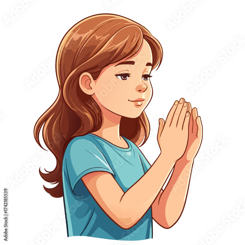 Cartoon Girl Praying with Hands Clasped in Supplication and Hope.