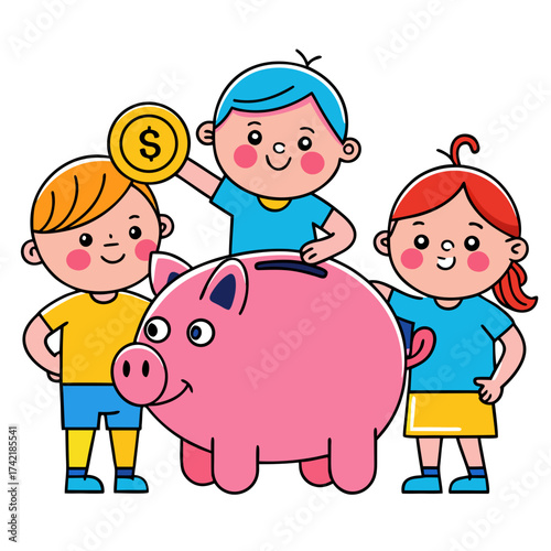 Three happy children saving money in a pink piggy bank with a gold coin