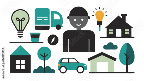 Collection of flat design icons representing home life transportation and ideas