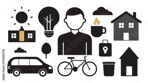 Collection of simple flat icons representing daily life elements and concepts on white background