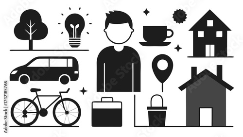 Collection of simple black and white vector icons representing everyday life and objects