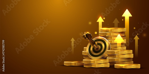 Financial Growth and Investment Success. Target hit in money coins stack, symbolizing business goals and achievement.