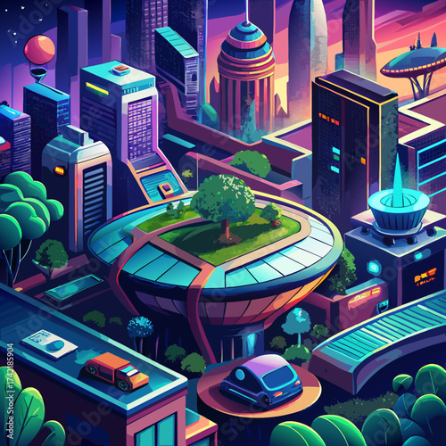 Futuristic city skyline with advanced architecture and green spaces at twilight