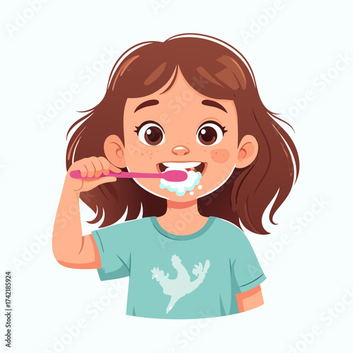 Cartoon girl with white hair brushing teeth with pink toothbrush and toothpaste.