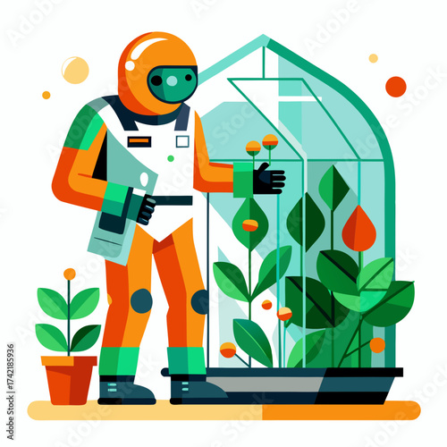 Astronaut tending to plants inside a futuristic greenhouse on an alien planet