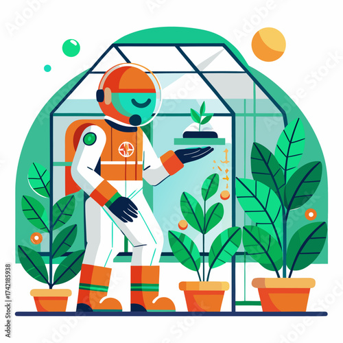 Astronaut tending to plants in a futuristic greenhouse on another planet