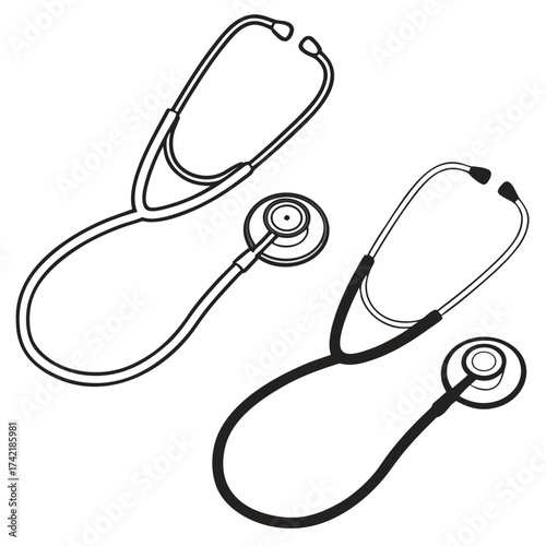 Two stethoscopes in black and white outline style for medical use