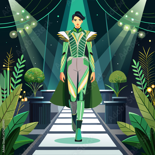 Fashion model walks down a runway in a futuristic green and white outfit with dramatic lighting