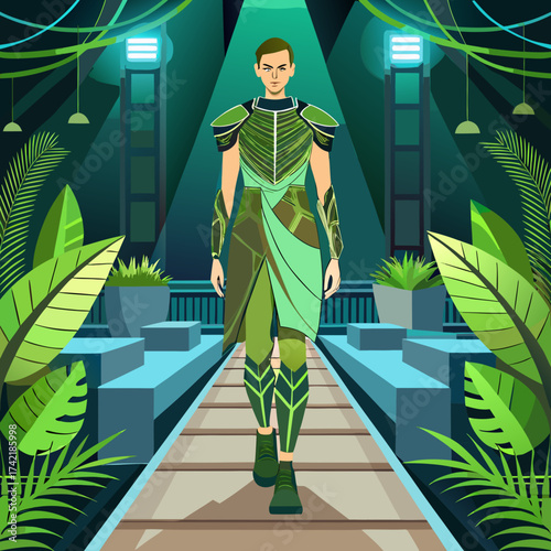 Futuristic man in green armor walks on a runway surrounded by lush jungle plants