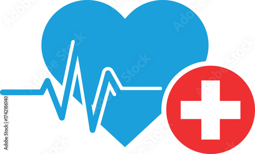 Blue heartbeat ecg monitor icon with red medical cross symbol representing healthcare and cardiology isolated on transparent background