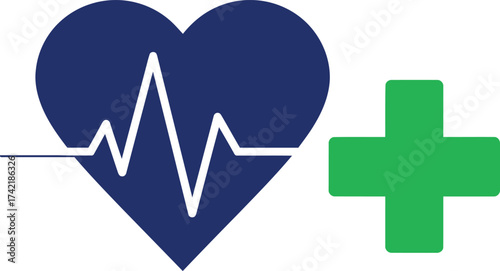 Heartbeat cardiogram and plus sign symbolizing health and medical care services icon isolated on transparent background