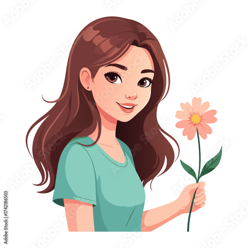 Cartoon Woman with Facial Mask Holding a Flower.