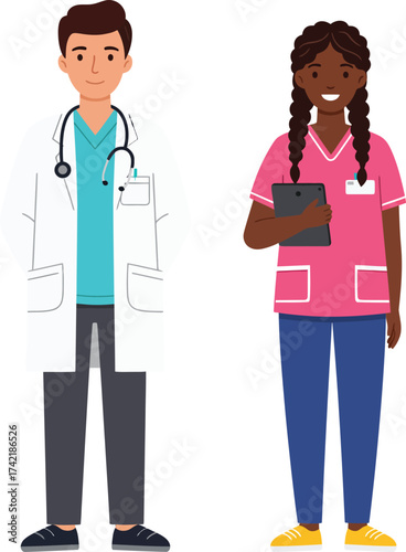 Diverse medical professionals ready for care standing together as a team isolated on transparent background
