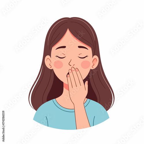 Cartoon Woman Yawning with Hand Covering Mouth Brown Hair Blue Shirt.