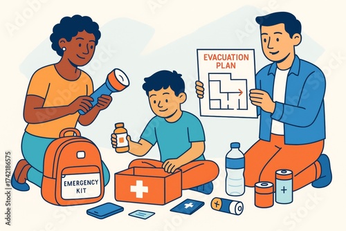 Family preparing emergency kit and evacuation plan together, surrounded by essential survival items on light background. Ai generative. Ai generative