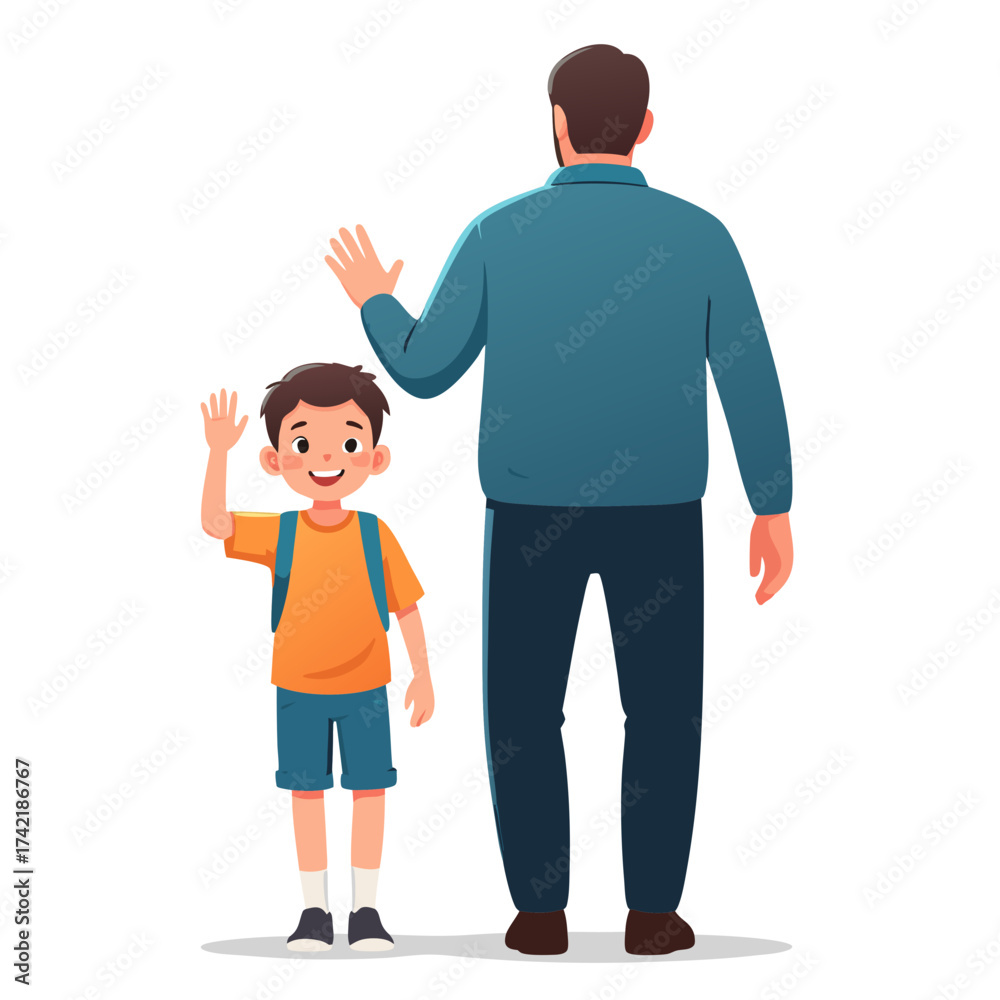 Fototapeta premium Cheerful Boy Waving Hand with Backpack Next to Adult Figure.