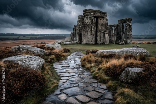 Explore the ancient mystery of Stonehenge under a dramatic sky, perfect for travel, history, or spiritual content, capturing the essence of British heritage