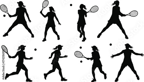 Silhouette of female tennis players practicing with rackets and balls, athletic women playing tennis in motion, isolated vector illustration